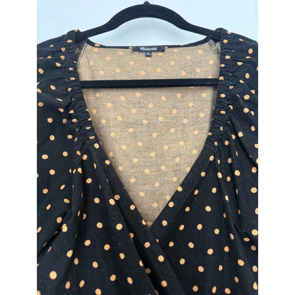 Madewell Womens Black Polka Dot Corduroy Wrap Top Puff Sleeve Size L